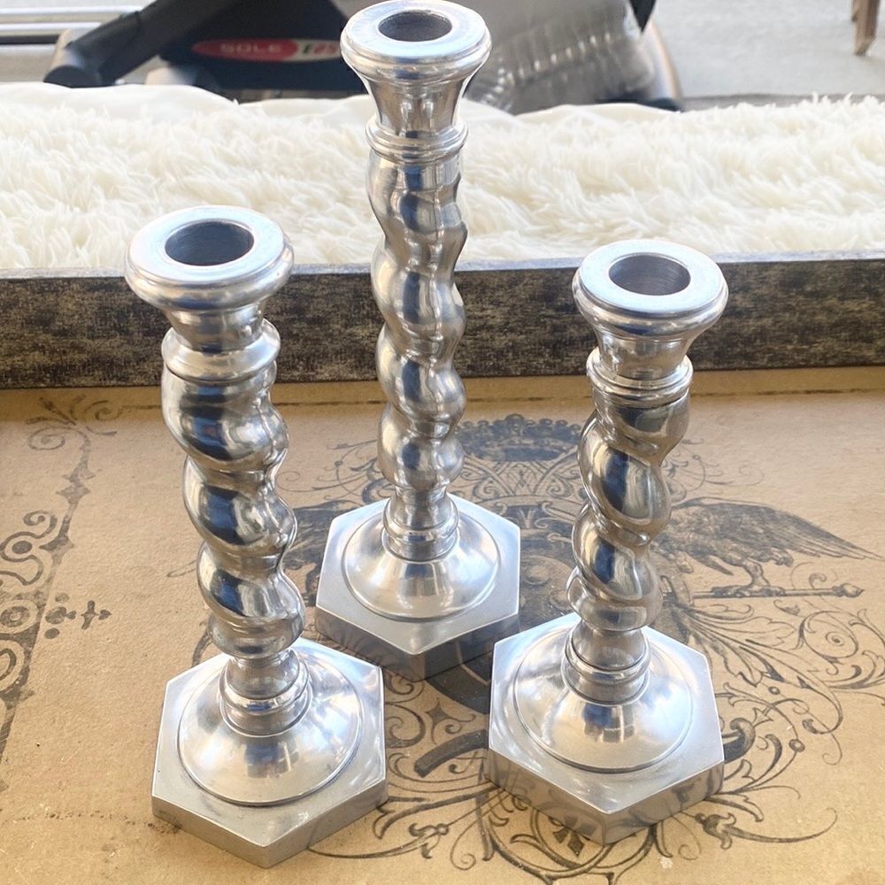 Pier 1 Twirled Silver Pillar Candleholders (3)